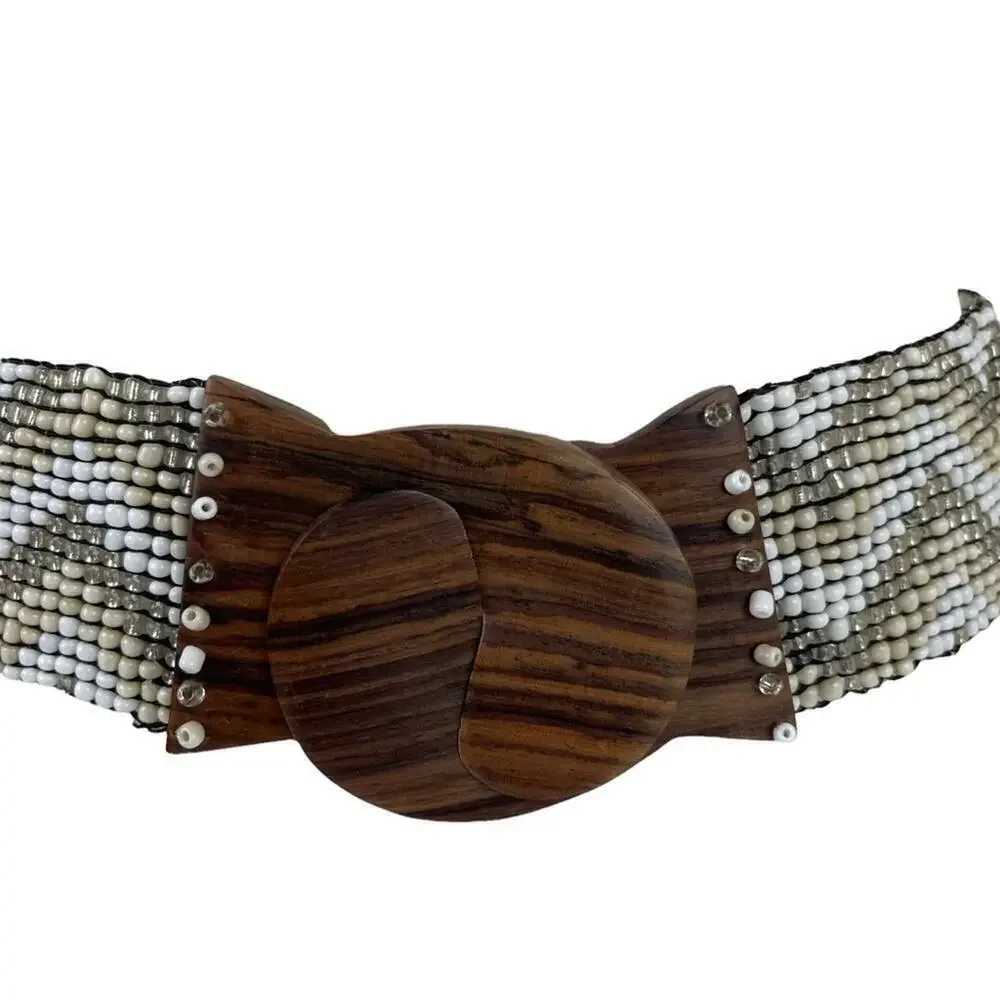 Vintage Hand-made Boho Belt Stretchy Beaded Bali Belt with Wooden Hook Buckle